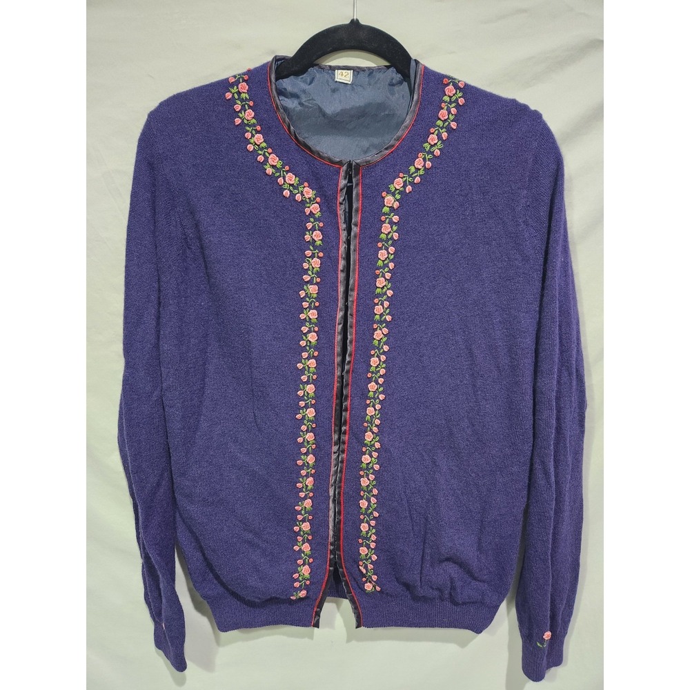 VTG Hand Embroidered Roses Navy Wool Cardigan Hook And Eye Closure Lined Sz LG